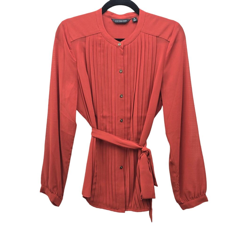 Cynthia Vincent Top Blouse Womens Medium Sheer Pleated Long Sleeve Belted